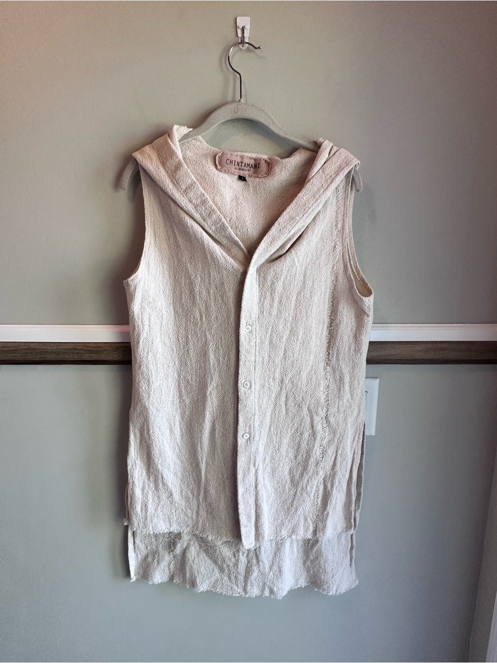 Chintamani Cream Cotton Hooded Button Up Sleeveless Tunic Top